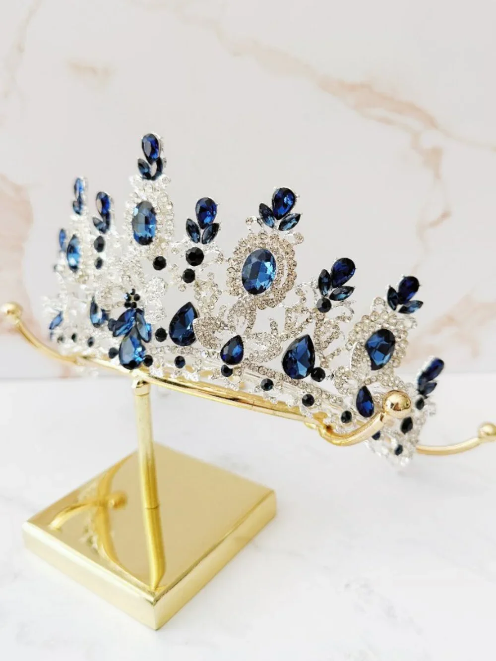 Silver Navy Blue Crystal Butterfly Tiara Crown Wedding Pageant Prom Quinceanera